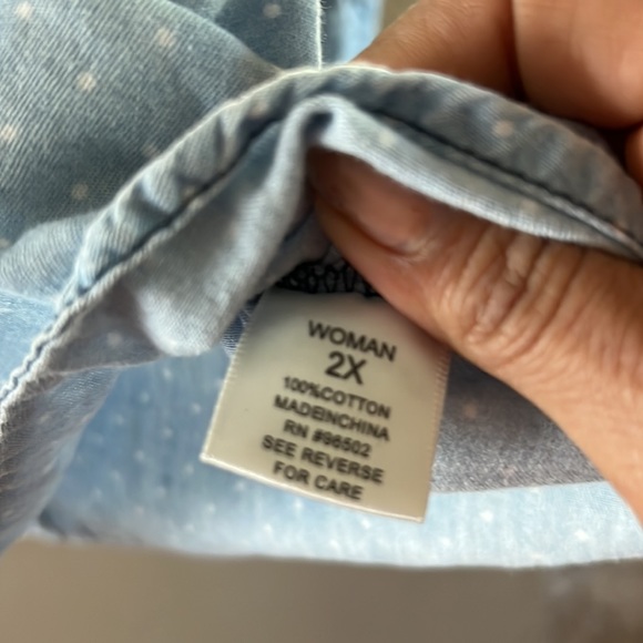 DressBarn Women’s lightweight denim button down blouse with white polka … - Picture 7 of 17